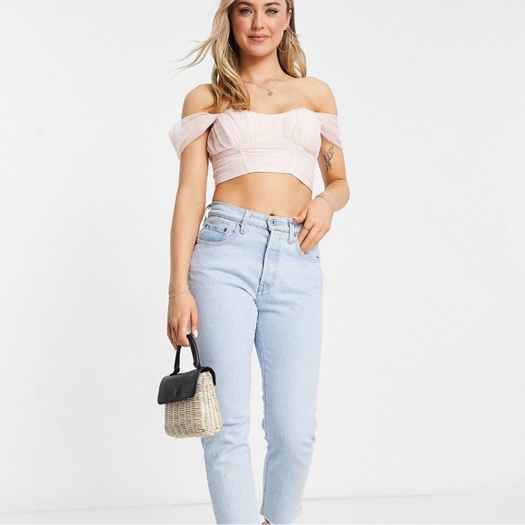 NWT. Miss Selfridge pleated textured mesh bardot crop top in blush/pink. Size 8. - Picture 4 of 4